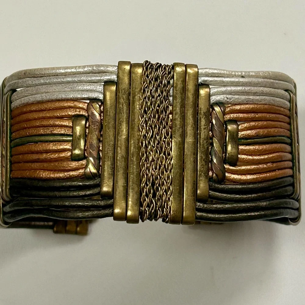 Vintage 70s 80s Alexis Kirk leather and mixed metals bracelet / cuff
